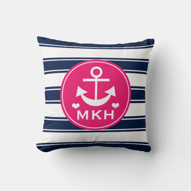 Monogrammed Hot Pink and Navy Blue Anchor Throw Pillow (Front)