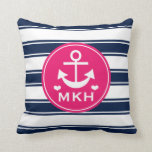 Monogrammed Hot Pink and Navy Blue Anchor Throw Pillow<br><div class="desc">Add your three letter monogram and initials to the hot pink fuchsia and white circular design on this cute and preppy nautical pattern with an anchor and white hearts and a matching bright pink back. Artwork © Chrissy H. Studios,  LLC. All rights reserved.</div>