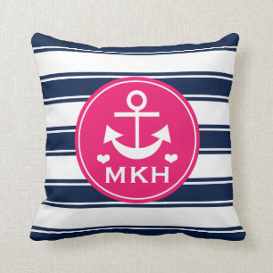 Monogrammed Hot Pink and Navy Blue Anchor Throw Pillow