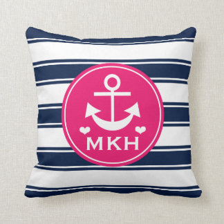 Monogrammed Hot Pink and Navy Blue Anchor Throw Pillow