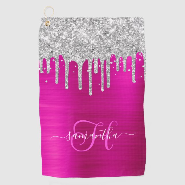 Monogrammed Hot Pink and Silver Dripping Glitter Golf Towel (Front)