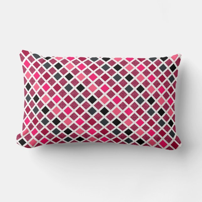 Monogrammed Hot Pink Black White Geometric Pattern Lumbar Pillow (Front)