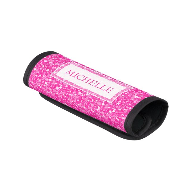 Monogrammed Hot Pink Glitter And Sparks Luggage Handle Wrap (Angled)