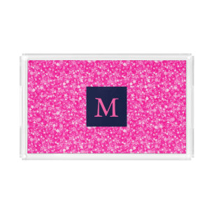 Monogrammed Hot Pink Glitter White Sparks Acrylic Tray