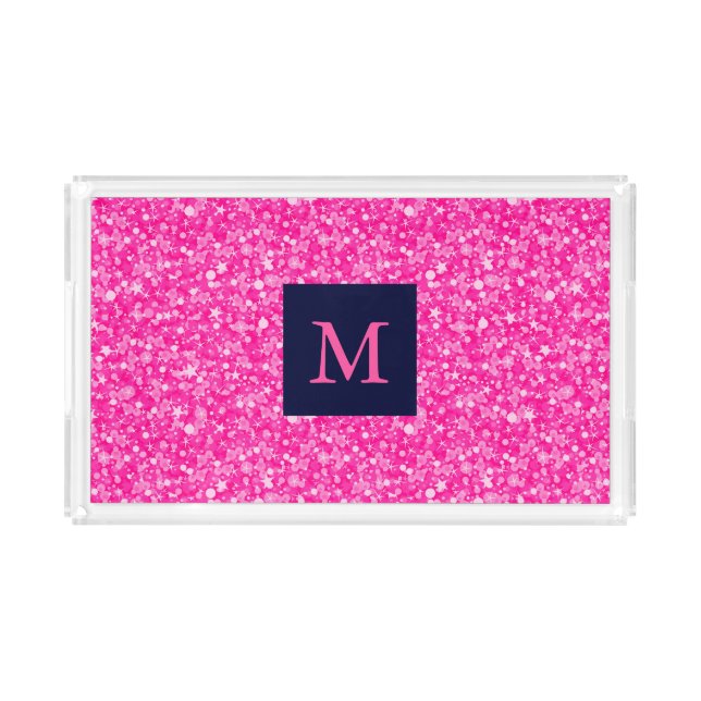 Monogrammed Hot Pink Glitter White Sparks Acrylic Tray (Front)
