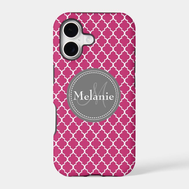Monogrammed Hot Pink Moroccan Lattice Pattern Iphone Case (Back)