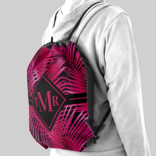Monogrammed Hot Pink Palm Drawstring Bag
