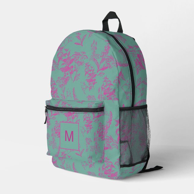 Monogrammed Hot Pink & Turquoise Floral Printed Backpack (Back Corner Right)
