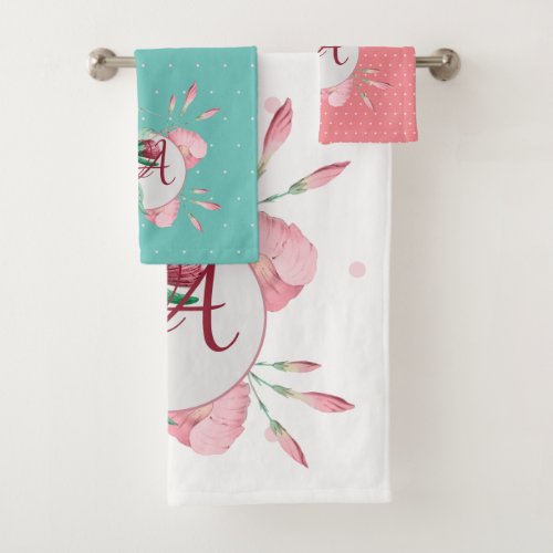 Monogrammed Hummingbird Floral Pink Mint Decor Bath Towel Set