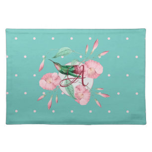 Monogrammed Hummingbird Floral Pink Mint Decor Cloth Placemat