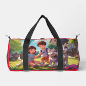 Monogrammed Husky Dogs having fun with kids | Duffle Bag (Front)
