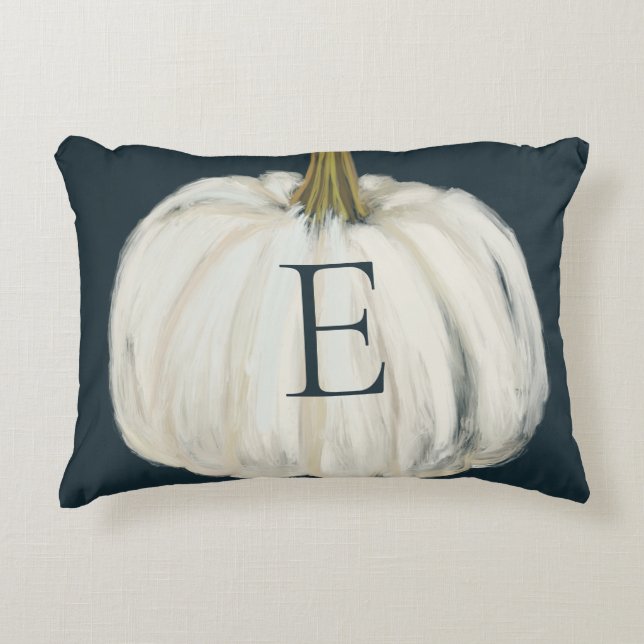 Monogrammed Indigo and White Fall Pumpkin Accent Pillow (Front)