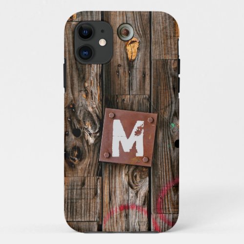 Monogrammed Industrial Rustic Wood Pattern iPhone 11 Case