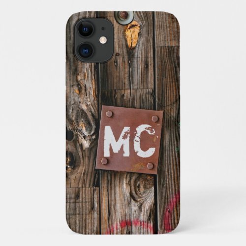 Monogrammed Industrial Rustic Wood Pattern iPhone 11 Case