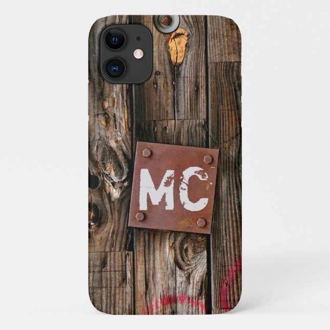 Monogrammed Industrial Rustic Wood Pattern Case-Mate iPhone Case (Back)