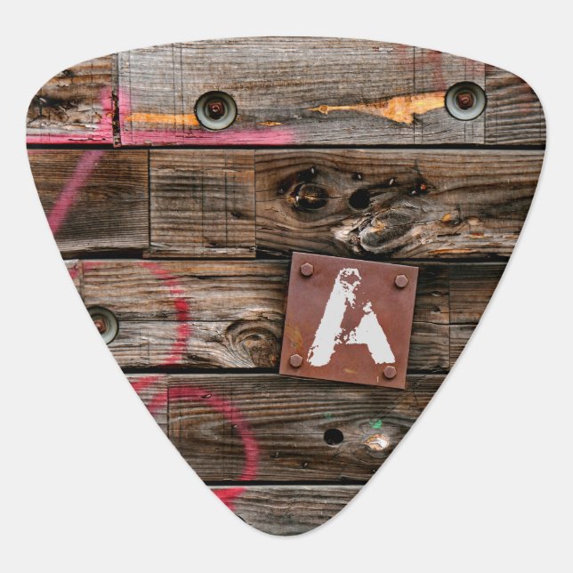 Monogrammed Industrial Rustic Wood Pattern Guitar Pick (Front)