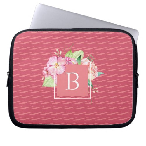 Monogrammed Initial Abstract  Pink Coral Floral Laptop Sleeve