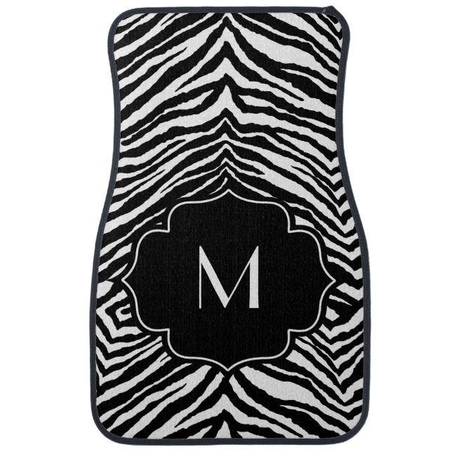 Monogrammed Initial Black and White Zebra Print Car Mat (Front)