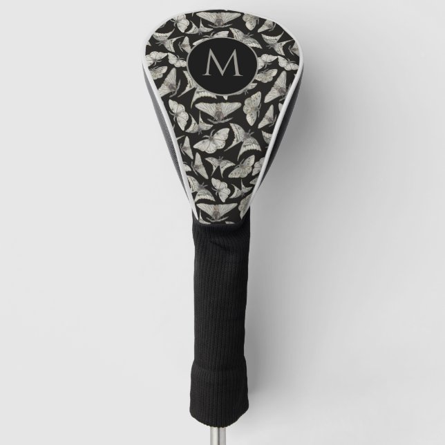 Monogrammed Initial Black Beige Moth Bug Golf Head Cover (Front)