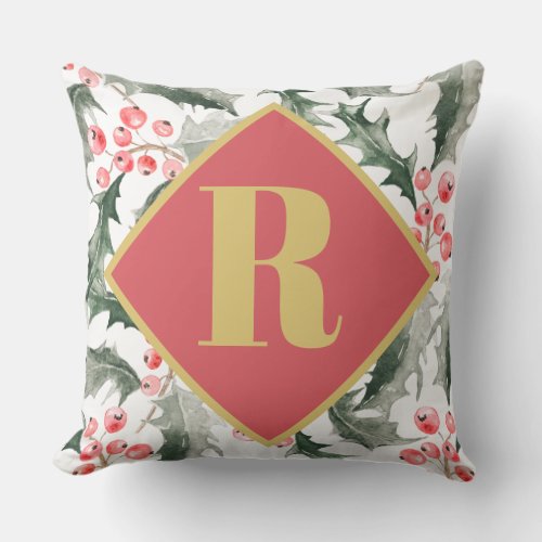 Monogrammed Initial Botanical Christmas Decor Throw Pillow