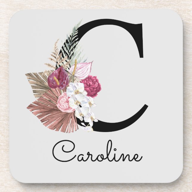 Monogrammed Initial C Pink Boho Floral Beverage Coaster (Front)