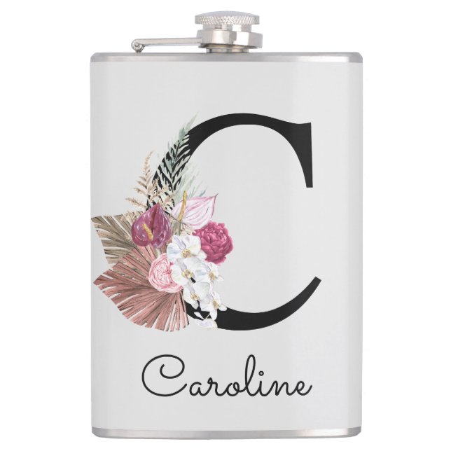 Monogrammed Initial C Pink Boho Girly Floral Flask (Front)