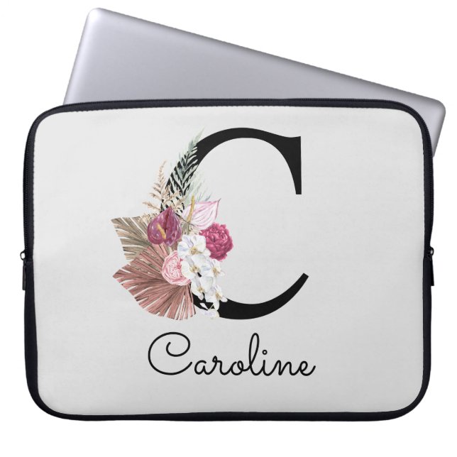 Monogrammed Initial C Pink Boho Girly Floral Laptop Sleeve (Front)