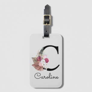 Monogrammed Initial C Pink Boho Girly Floral Luggage Tag