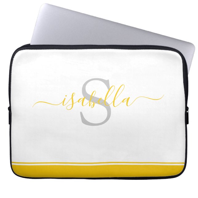 Monogrammed Initial Elegant Script Yellow Laptop Sleeve (Front)