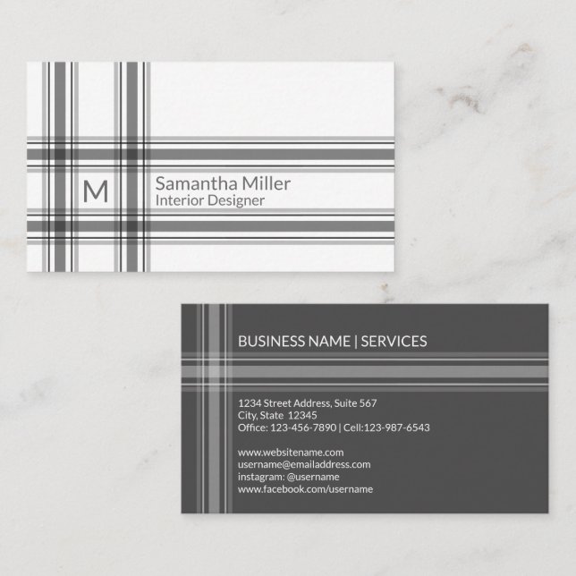 Monogrammed Initial Gray and White Striped Plaid Business Card (Front/Back)