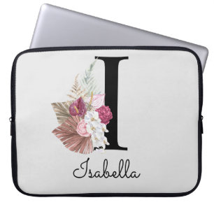 Monogrammed Initial I Pink Boho Floral Laptop Sleeve