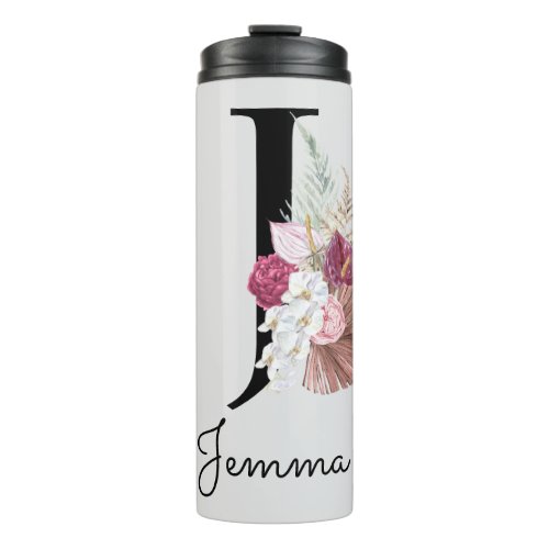 Monogrammed Initial J Pink Boho Girly Floral Thermal Tumbler