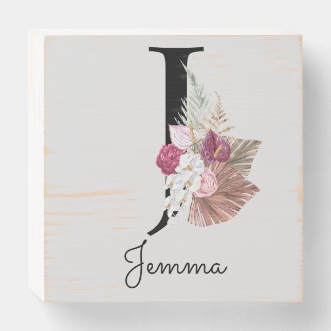 Monogrammed Initial J Pink Boho Girly Floral Wooden Box Sign (Front Horizontal)
