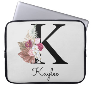 Monogrammed Initial K Pink Boho Floral Laptop Sleeve