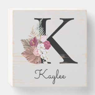 Monogrammed Initial K Pink Boho Floral  Wooden Box Sign