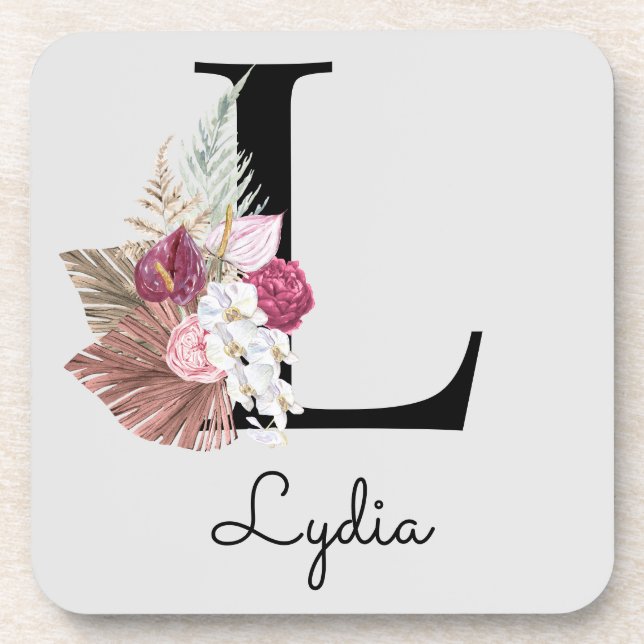 Monogrammed Initial M Pink Boho Floral Beverage Coaster (Front)