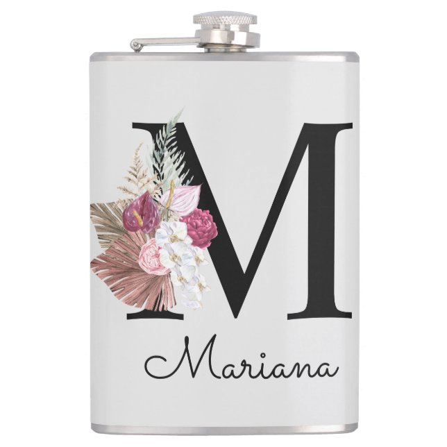 Monogrammed Initial M Pink Boho Floral Flask (Front)