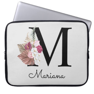 Monogrammed Initial M Pink Boho Floral Laptop Sleeve