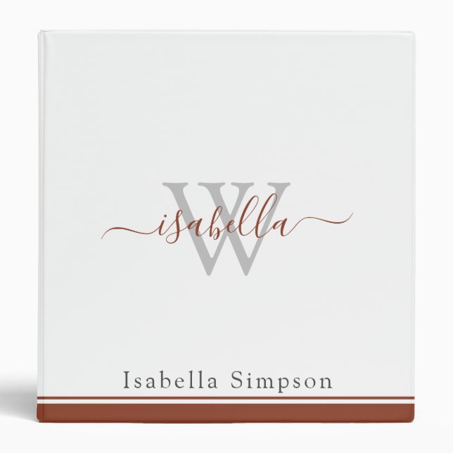 Monogrammed Initial  Modern Script Rust 3 Ring Binder (Front)