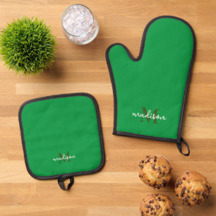 Monogrammed Initial Name Green Oven Mitt & Pot Holder Set