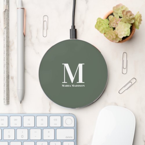Monogrammed Initial Name Sage Green Clean Script  Wireless Charger