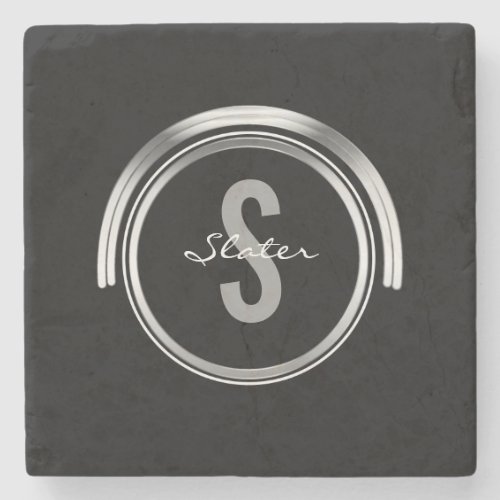 Monogrammed Initial Name  Simple Black Silver Stone Coaster