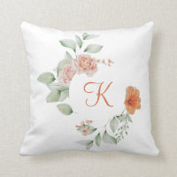 Monogrammed Initial Peach Green Floral Elegant Throw Pillow