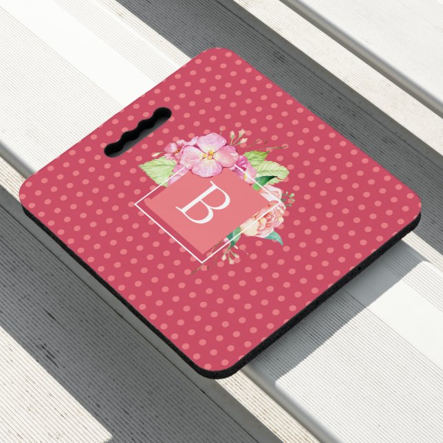 Monogrammed Initial Pink Dots Floral Stadium Seat Cushion (In Situ)