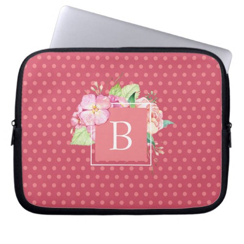 Monogrammed Initial Pink Dots  Pink Coral Floral Laptop Sleeve