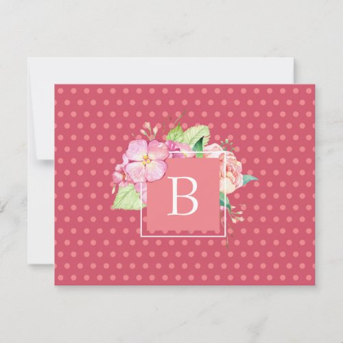 Monogrammed Initial Pink Dots  Pink Coral Floral Note Card