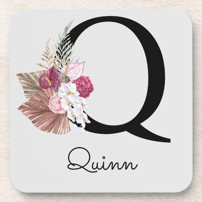 Monogrammed Initial Q Pink Boho Floral Beverage Coaster (Front)