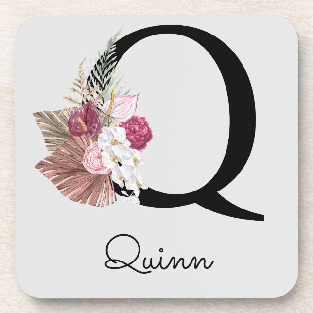 Monogrammed Initial Q Pink Boho Floral Beverage Coaster (Front)