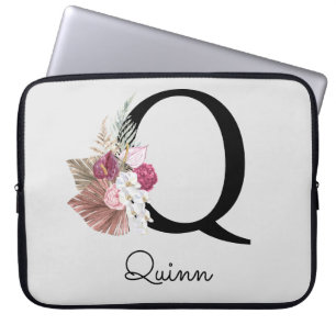Monogrammed Initial Q Pink Boho Floral Laptop Sleeve