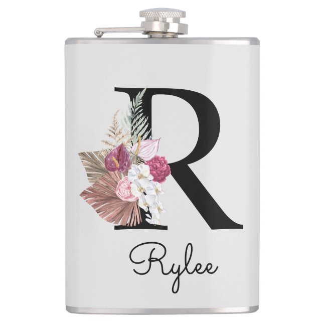 Monogrammed Initial R Pink Boho Girly Floral Flask (Front)
